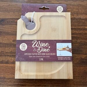 Wine & Dine Wooden Appetizer Platter with Wine Glass Holder - set of 2